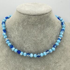 Hand Knotted Blue Crackle Glass Beaded Choker Necklace Artisan New Boho Cute